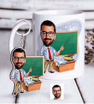 BK Gift Kişiye Özel Bay Öğretmen Karikatürlü Beyaz Kupa ve Anahtarlık Hediye Seti-1 (Model 1)