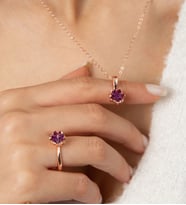 Rose Altın Kaplama Zirkon Taşlı Lotus Çiçeği Kadın Kolye Yüzük Set (Mor)