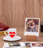 İsim Yazılı Kalpli Türk Kahvesi Fincanı ve Ahşap Standlı Polaroid Set