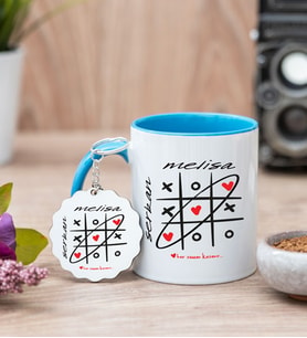 Aşk Her Zaman Kazanır Mavi Kupa Bardak Ve Anahtarlık Set