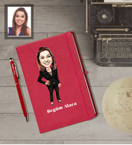 Kişiye Özel Patron Karikatürlü  Kırmızı Defter Kalem Hediye Seti Bayan-22