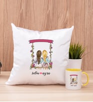 Best Friends Salıncak Tasarım Kare Yastık ve Sarı Kupa Bardak