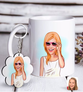 BK Gift Kişiye Özel Bayan Karikatürlü Beyaz Kupa ve Anahtarlık Hediye Seti-18 (Model 1)