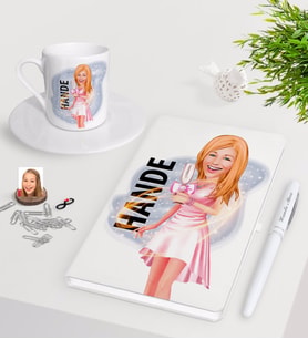 BK Gift Kişiye Özel Bayan Karikatürlü Beyaz Defter Kalem Türk Kahvesi Fincanı Seti-41 (Model 1)