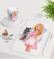 BK Gift Kişiye Özel Bayan Karikatürlü Beyaz Defter Kalem Türk Kahvesi Fincanı Seti-41 (Model 1)