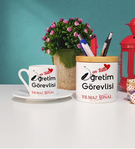 Mesajlı Öğretim Görevlisi Türk Kahvesi Fincanı ve Kalemlik Hediye Seti
