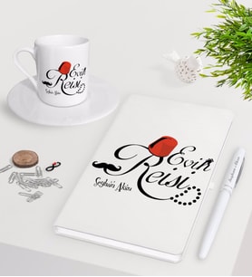 BK Gift Kişiye Özel Evin Reisi Beyaz Defter Kalem Türk Kahvesi Fincanı Seti-1 (Model 1)