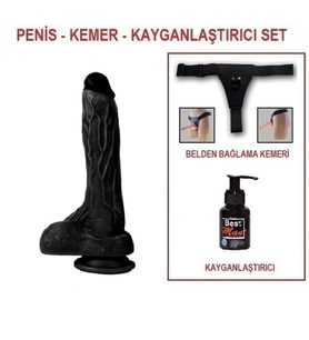 LilituShop 20,5 cm Belden Bağlamalı Realistik Siyahi Penis + Kemer + Kayganlaştırıcı