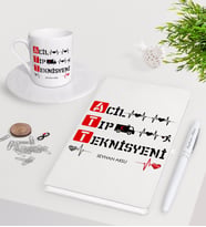 BK Gift Kişiye Özel Acil Tıp Teknisyeni Beyaz Defter Kalem Türk Kahvesi Fincanı Seti-3 (Model 1)