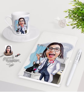 BK Gift Kişiye Özel Bayan Veteriner Hekimi Karikatürlü Beyaz Defter Kalem Türk Kahvesi Fincanı Seti-1 (Model 1)