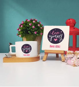 Love Yourself Tasarımlı Kişiye Özel Hediye Ahşap Altlıklı Fincan ve Dekoratif Taş Baskı Seti