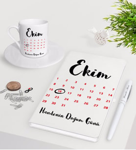 BK Gift Kişiye Özel Doğum Günü Takvim Beyaz Defter Kalem Türk Kahvesi Fincanı Seti-2 (Model 1)
