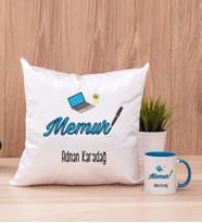 Memur Kare Yastık ve Mavi Kupa Bardak
