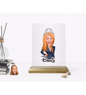 BK Gift Kişiye Özel Kadın Mühendis Karikatürlü Ahşap Standlı Çerçeve (Beyaz)