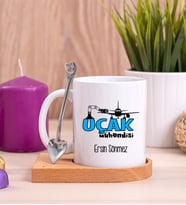 Uçak Mühendisi Ahşap Altlıklı Beyaz Kupa Bardak
