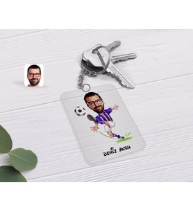 BK Gift Kişiye Özel Erkek Sarı Lacivert Futbolcu Karikatürlü Şeffaf Pleksi Anahtarlık-1 (Beyaz)