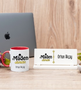 Maden Mühendisi Kırmızı Kupa Bardak Ve Masa İsimliği Hediye Seti