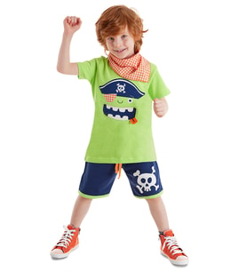 3D Yeşil Korsan Çocuk T-shirt Şort Bandana Takım (Lacivert - Yeşil)