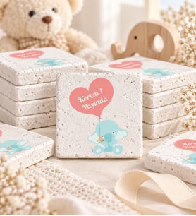 30 Adet Kişiye Özel Baskılı Doğal Taş Magnet 5x5cm Doğum Günü, Hoşgeldin Bebek (Beyaz)