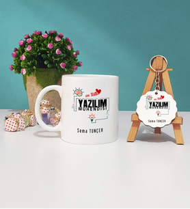 Mesajlı Yazılım Mühendisi Tasarımlı Kişiye Özel Hediye Yazılım Mühendisi Kupa Bardak ve Ahşap Anahtarlık Hediye Seti