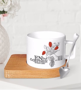BK Gift Kişiye Özel En İyi Öğretmen Ahşap Altlıklı Seramik Fincan-7 (Beyaz)