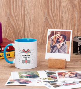 Doğum Günü Hediyesi Mavi Kupa Bardak ve Ahşap Standlı Polaroid Set