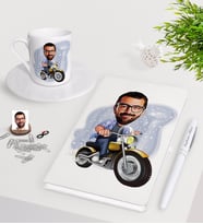 BK Gift Kişiye Özel Erkek Motorcu Karikatürlü Beyaz Defter Kalem Türk Kahvesi Fincanı Seti (Model 1)