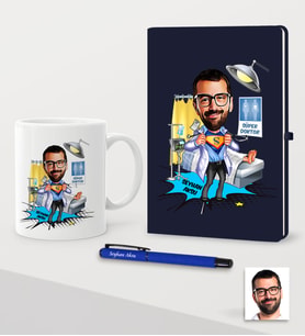 BK Gift Kişiye Özel Bay Doktor Karikatürlü Lacivert Defter Kalem Kupa Seti - 1 (Model 1)