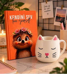 Kedi Kupa 3D Figürlü & Kendini Sev Not Defteri