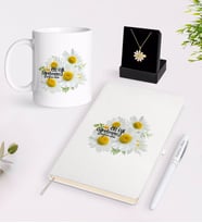 BK Gift Kişiye Özel Papatya Temalı En İyi Öğretmen Beyaz Kupa Defter Kalem ve İsimli Papatya Kolye Hediye Seti-12 (Model 1)