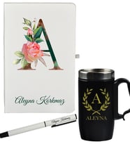 Kişiye Özel Hazırlanmış Harf ve İsim Tasarımlı Defter Kalem Ve Siyah Termos - Mug Seti