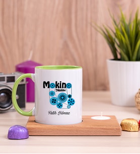 Makine Teknikeri Ahşap Altlıklı Mumlu Yeşil Kupa Bardak