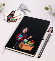 BK Gift Kişiye Özel Bayan Öğretmen Karikatürlü Siyah Defter Kalem Ve Anahtarlık Hediye Seti-7 (Model 1)