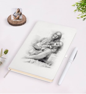 BK Gift Kişiye Özel Sevgililer Günü Karakalem Tasarımlı Beyaz Defter Kalem Seti-2