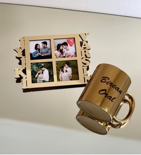 Kişiye Özel İyiki Varsın 4 Fotoğraf Standlı Mdf Gold Çerçeve Ve Gold Kupa Set