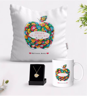BK Gift Kişiye Özel Dünyanın En İyi Öğretmeni Beyaz Kupa Yastık ve İsimli Papatya Kolye Hediye Seti-12 (Model 1)