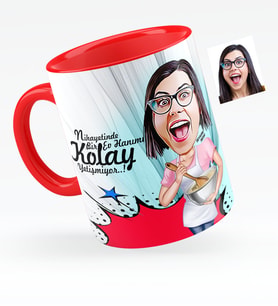 BK Gift Kişiye Özel Ev Hanımı Karikatürlü Kırmızı Kupa Bardak  3