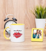 Sevgililere Özel Tarihli Sarı Kupa Bardak ve Sarı Mini Fotoğraf Çerçevesi