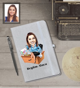 Kişiye Özel İş Kadını Karikatürlü Gri Defter Kalem Hediye Seti  Bayan-13