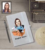 Kişiye Özel İş Kadını Karikatürlü Gri Defter Kalem Hediye Seti  Bayan-13