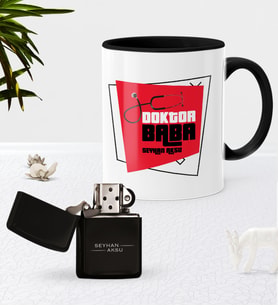 BK Gift Kişiye Özel Doktor Baba Siyah Kupa Bardak Benzinli Metal Çakmak Seti-1 (Model 1)