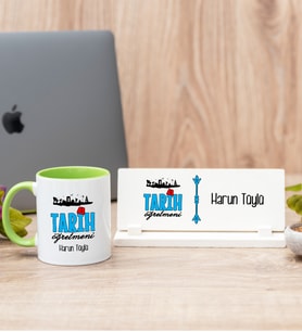 Tarih Öğretmeni Yeşil Kupa Bardak Ve Masa İsimliği Hediye Seti