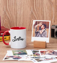 Kişiye Özel İsim Yazılı Kırmızı Kupa Bardak ve Ahşap Standlı Polaroid Set