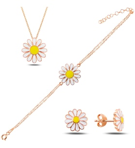 BARIŞ TAKI 925 Ayar Gümüş  Rose Papatya Üçlü Set