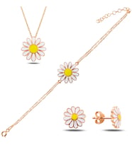 BARIŞ TAKI 925 Ayar Gümüş  Rose Papatya Üçlü Set