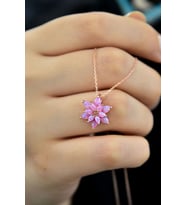 925 Ayar Gümüş Pembe Doğal Opal Taşlı Lotus Kolye