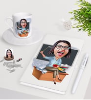 BK Gift Kişiye Özel Bayan Öğretmen Karikatürlü Beyaz Defter Kalem Türk Kahvesi Fincanı Seti-2 (Model 1)