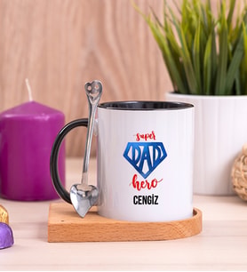 Super Dad Babaya Hediye Ahşap Altlıklı Siyah Kupa Bardak