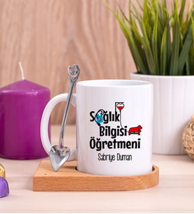 Sağlık Bilgisi Öğretmeni Ahşap Altlıklı Beyaz Kupa Bardak