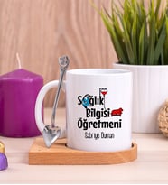 Sağlık Bilgisi Öğretmeni Ahşap Altlıklı Beyaz Kupa Bardak